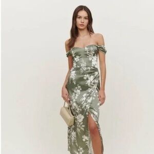 Reformation Olive Green Silk Floral Off-Shoulder Midi Dress